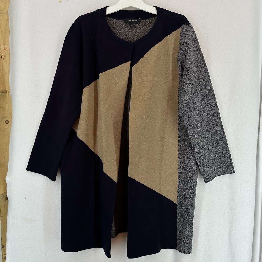 Ann Taylor Asymmetric Open Front Cardigan Color Block Womens Medium Black Beige